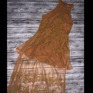 A’gaci mustard yellow orange high low lace dress